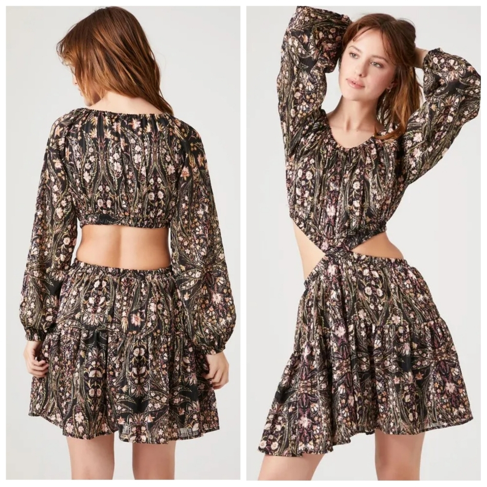 Forever 21 Women's Ornate Print Cutout Mini Dress in Black, New Size L